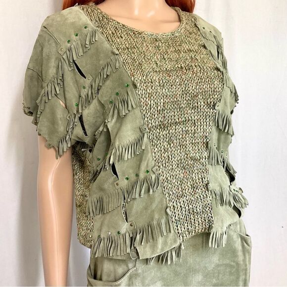 Bino Baraldi VTG 2-Pc Outfit Knit Leather Top + Leather Midi Skirt Green set S - Picture 5 of 17
